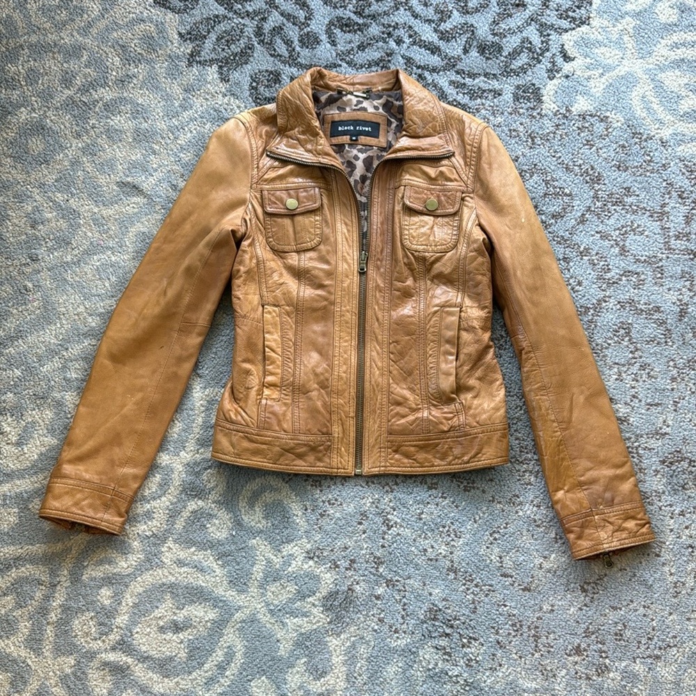 Black Rivet Leather Jacket Cognac XS